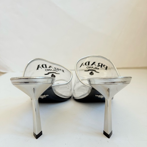 Prada Metallic silver leather logo print Pexiglas high heel slide sandals EU40.5 - Picture 9 of 15